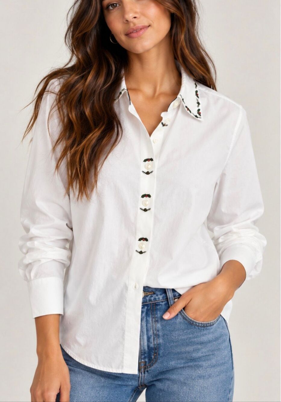 Northern Isles white cotton holly embroidered neckline button down 16
